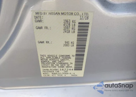 2019 Nissan Altima 2.5 Sr из США, поврежденный, VIN 1N4BL4CV8KC167244